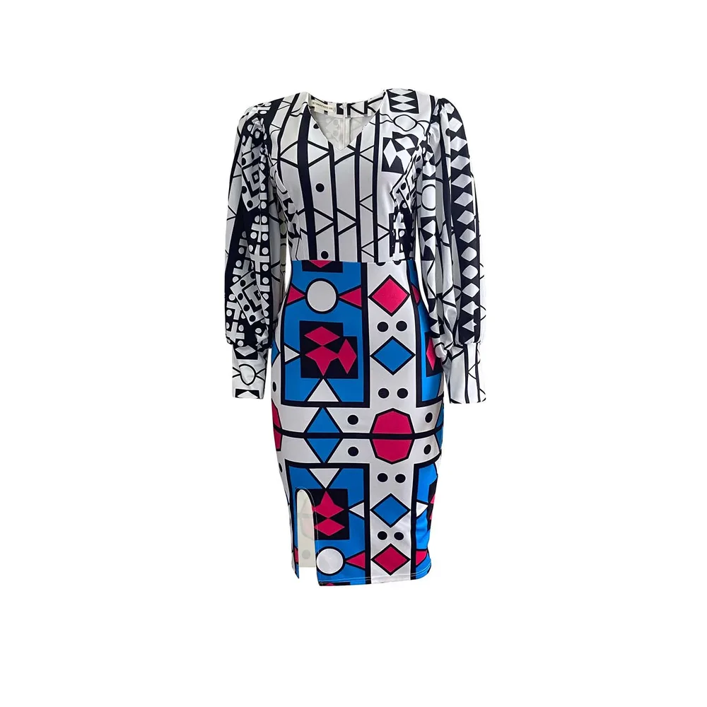 Women's Elegant Commuter Print V Neck Hip Dress Black - Shop at LoveMi