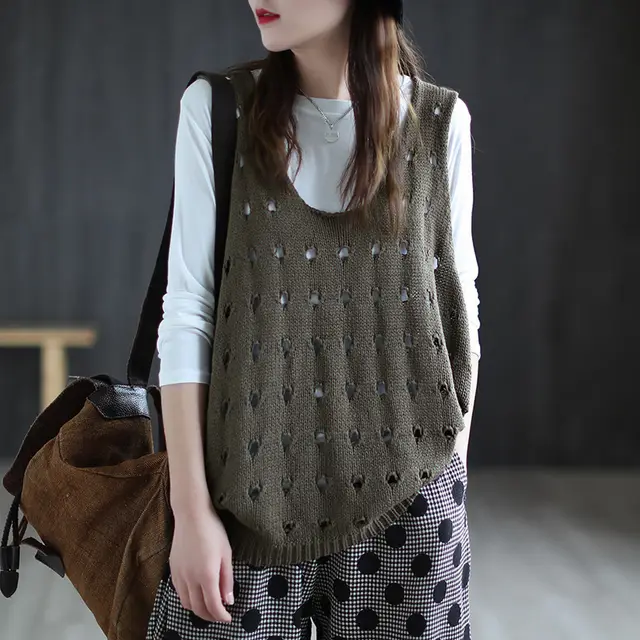 New Knitted Retro Hollow Vest Women's Loose And Casual Army Green - Shop at LoveMi