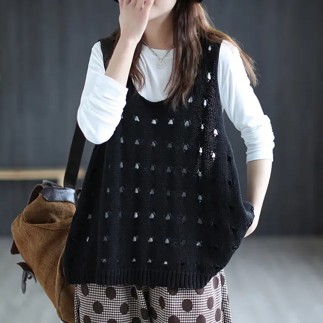 New Knitted Retro Hollow Vest Women's Loose And Casual Black - Shop at LoveMi