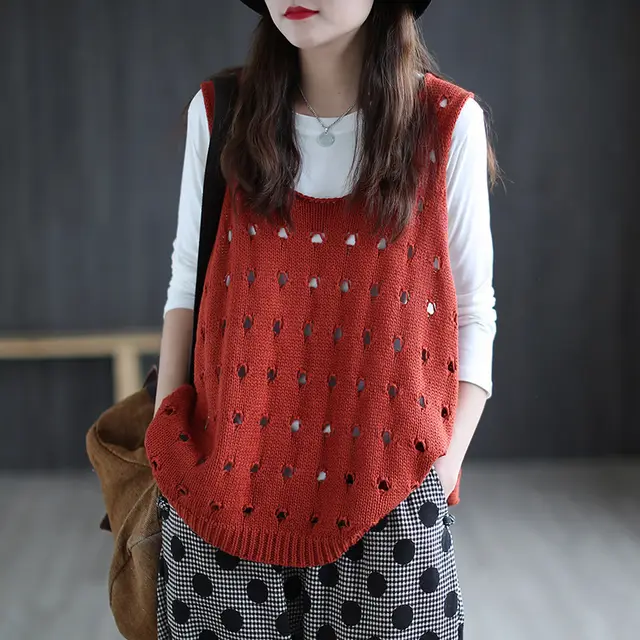 New Knitted Retro Hollow Vest Women's Loose And Casual Orange - Shop at LoveMi