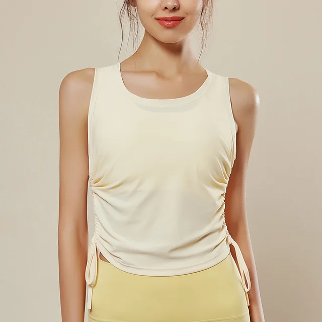 Women's Sleeveless Sports Top Drawstring Yoga Clothes Beige - Shop at LoveMi