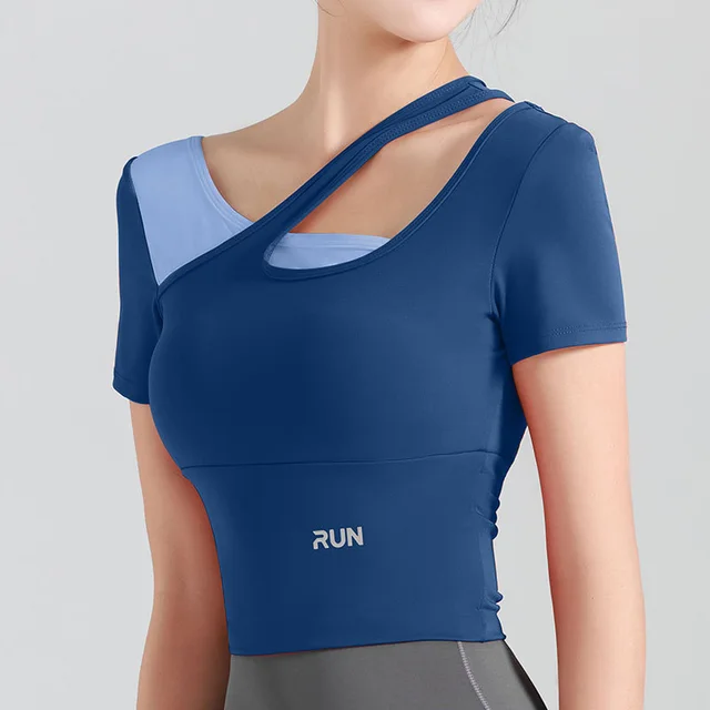 Peach Slanted Shoulder Color Matching Yoga Short sleeved Blue - Shop at LoveMi