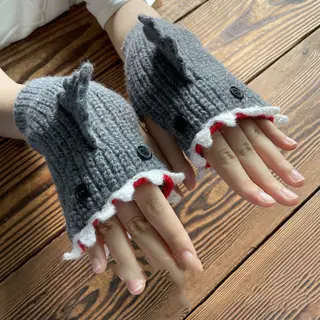 New Cartoon Grey Shark Warm Half Finger Knitted Gloves - Grey