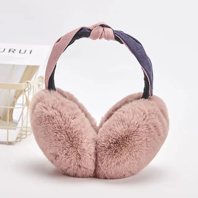 New Two color Headband Folding Lazy Rabbit Fur Warm Earmuffs Pink - Shop at LoveMi