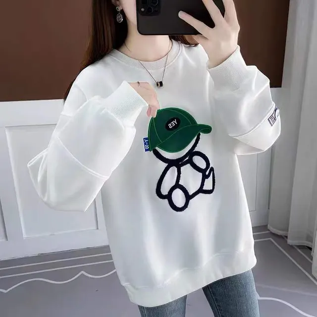 Casual Loose Cartoon Round Neck Cotton Sweater White - Shop at LoveMi