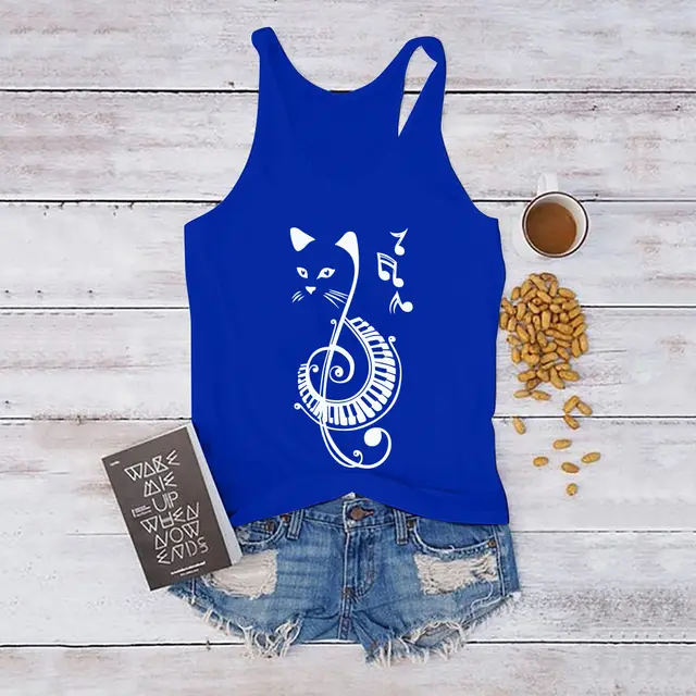 I shaped Vest Casual Musical Note Cat Print Tank Top Women's Summer Sleeveless Tank Top Dark Blue White Words - Shop at LoveMi