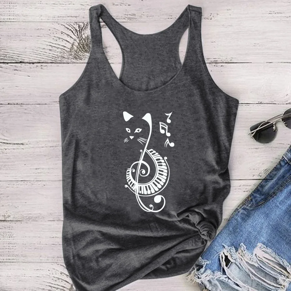 I shaped Vest Casual Musical Note Cat Print Tank Top Women's Summer Sleeveless Tank Top Gray - Shop at LoveMi