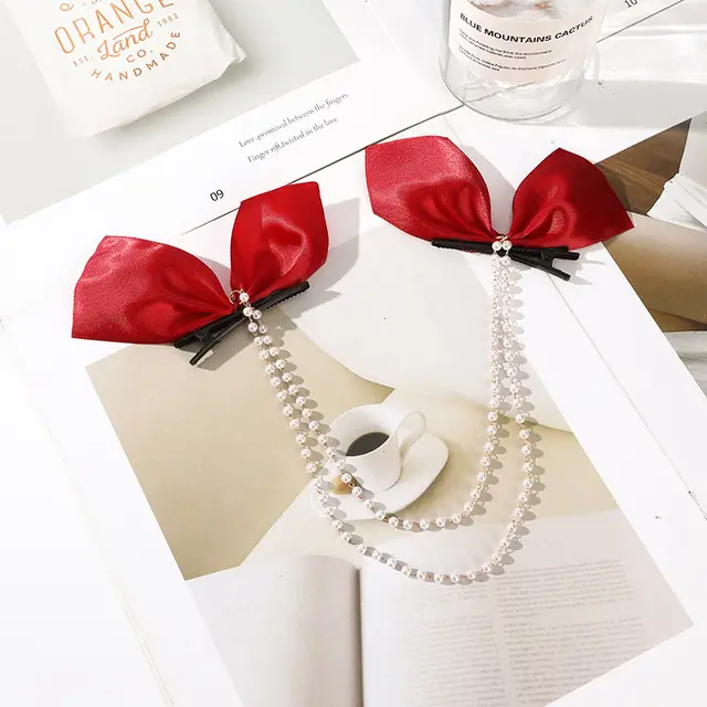 Fashion Bow Pearl Fringe Hair Clip Wine Red - Shop at LoveMi