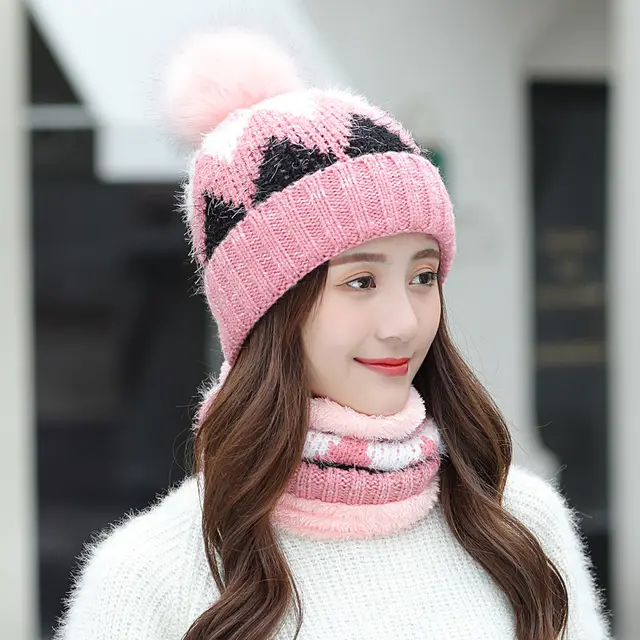 Ladies Fleece Knitted Hat Fashion Diamond Pink - Shop at LoveMi