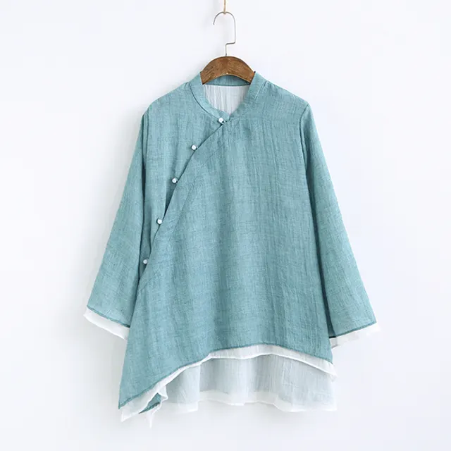 Solid Color Stand Collar Slanted Placket Buttoned Long Sleeves Green - Shop at LoveMi