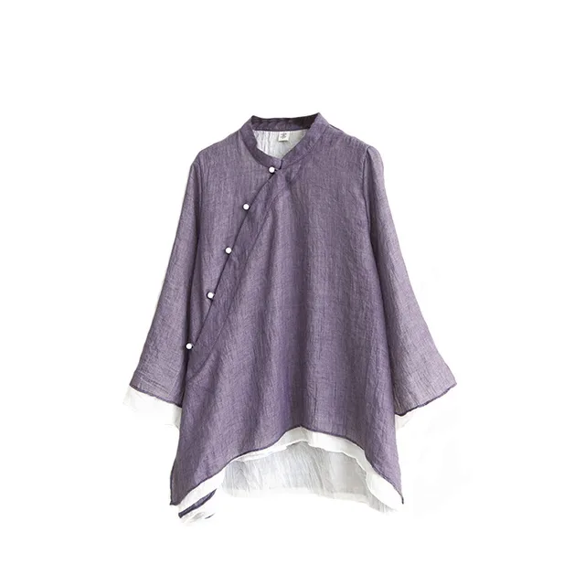 Solid Color Stand Collar Slanted Placket Buttoned Long Sleeves Purple - Shop at LoveMi