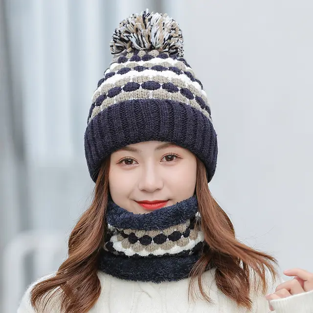 Women's Fashion Warm Scarf Hat Two Piece Set Navy Blue - Shop at LoveMi