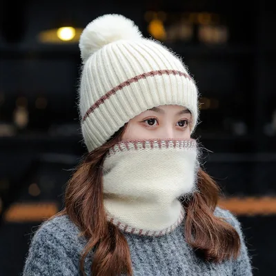 Women's Fashion Embroidered Warm Scarf Sweater Hat Set Beige - Shop at LoveMi