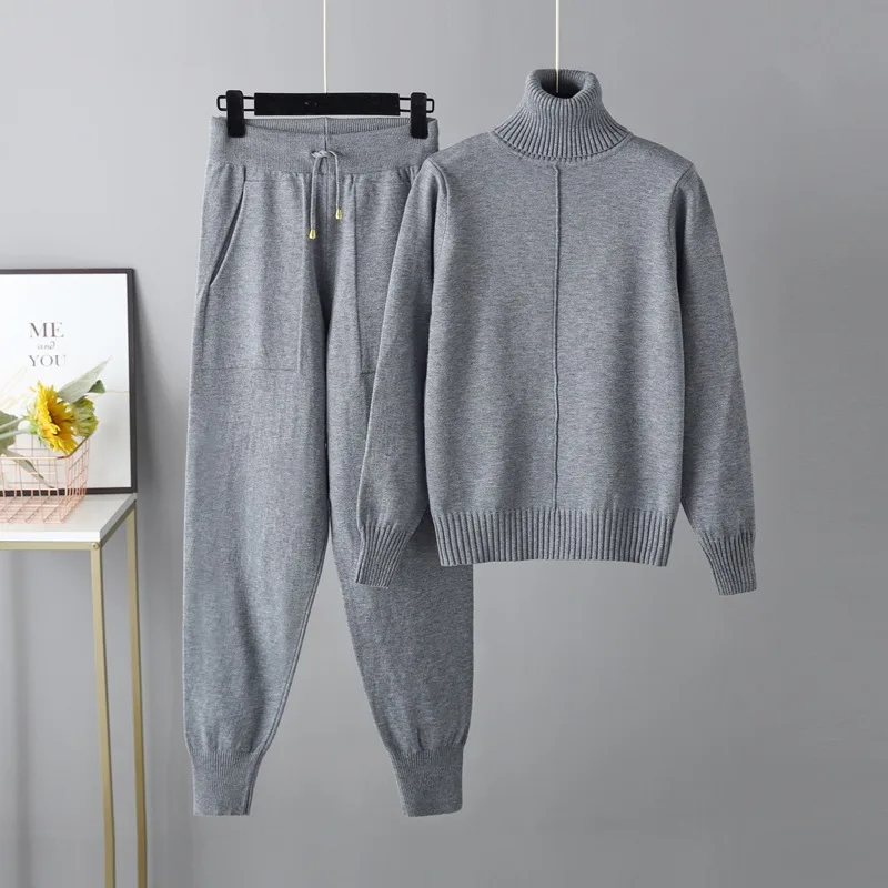 Casual Fashion Set autumn And Winter Cross border European And American Turtleneck Solid Color Sweaters Two piece Set Gray - Shop at LoveMi