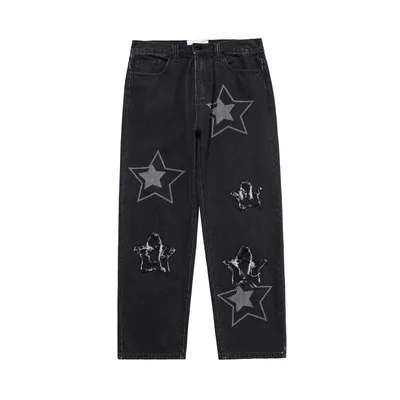 Washed And Ripped Star Jeans Loose And Slim Black - Shop at LoveMi