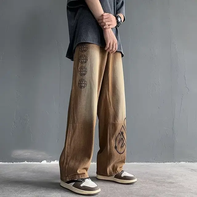 Men's Straight Denim Retro High Street Pants Coffee - Shop at LoveMi
