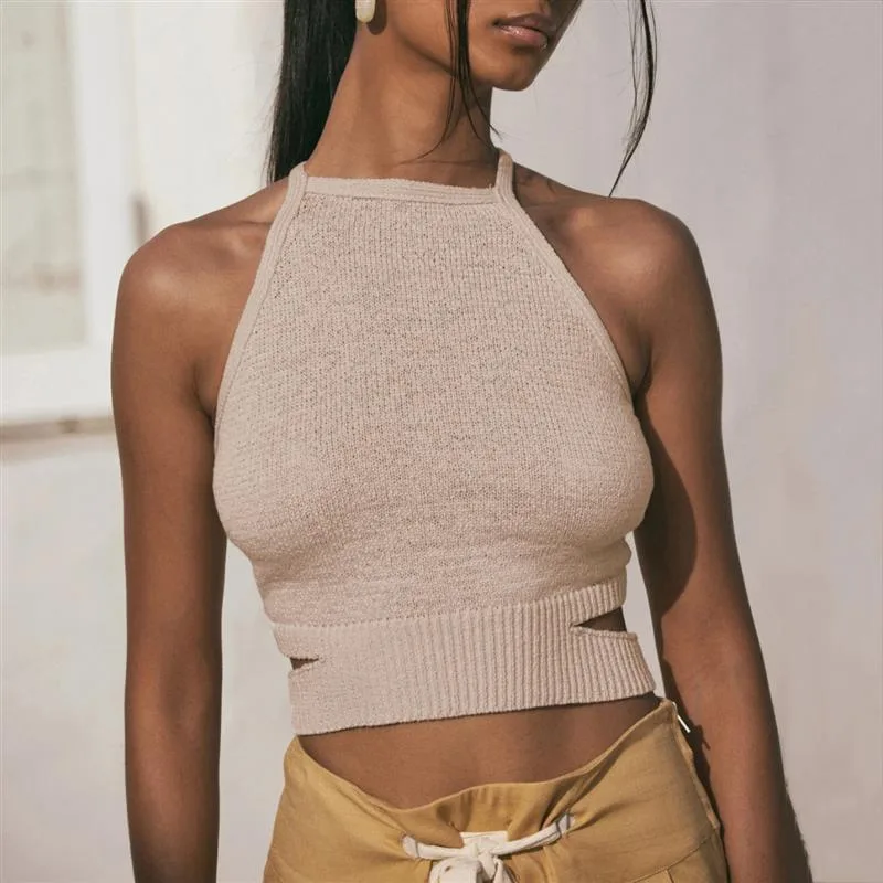 Women's Knitted Halter Lace up Backless Camisole Top Apricot - Shop at LoveMi