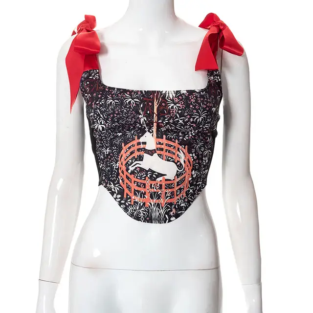 New Pullover Sleeveless Lace Up Print Crop Corset Black D22Tp270 - Shop at LoveMi