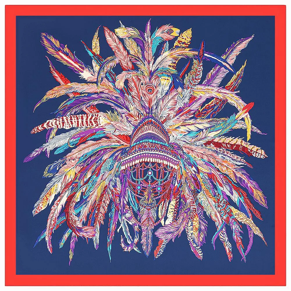 Indian Feather Crown Ladies Faux Silk Scarf - Red Edge Navy Blue