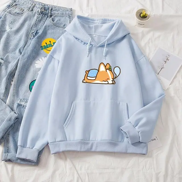 Plus Size Hoodie Custom Advertising Shirt Corgi Print Light Blue - Shop at LoveMi