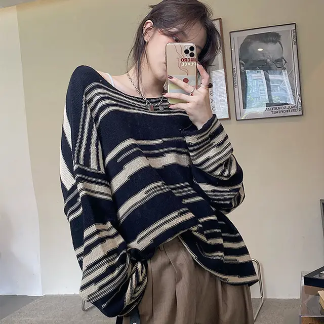 Lazy Style Knitwear Thin Women's Loose Round Neck Striped Sweater Striped Intarsia - Shop at LoveMi