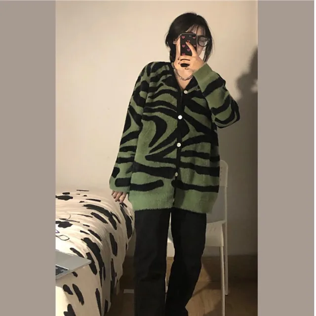 Zebra Print Sweater Cardigan Women Retro Loose Knitted Jacket - Shop at LoveMi