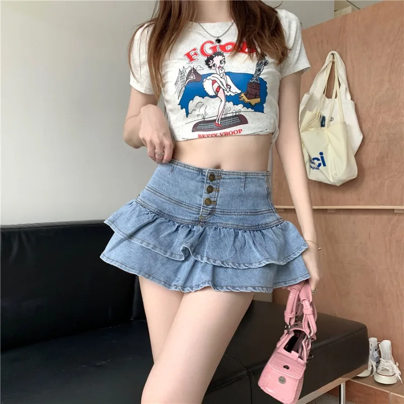 Women's Retro Ruffled Denim Skirt Light Blue - Shop at LoveMi