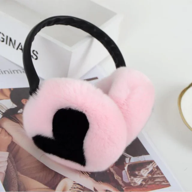 Women's Winter Simple Warm Rex Rabbit Fur Earmuffs Pink And Black - Shop at LoveMi