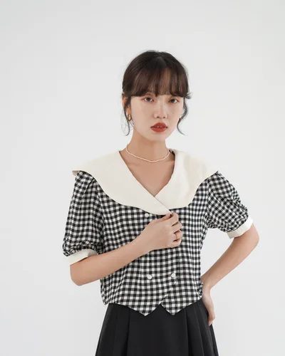 French Double Breasted Plaid Shirt Ruffle Crop Top Black - Shop at LoveMi