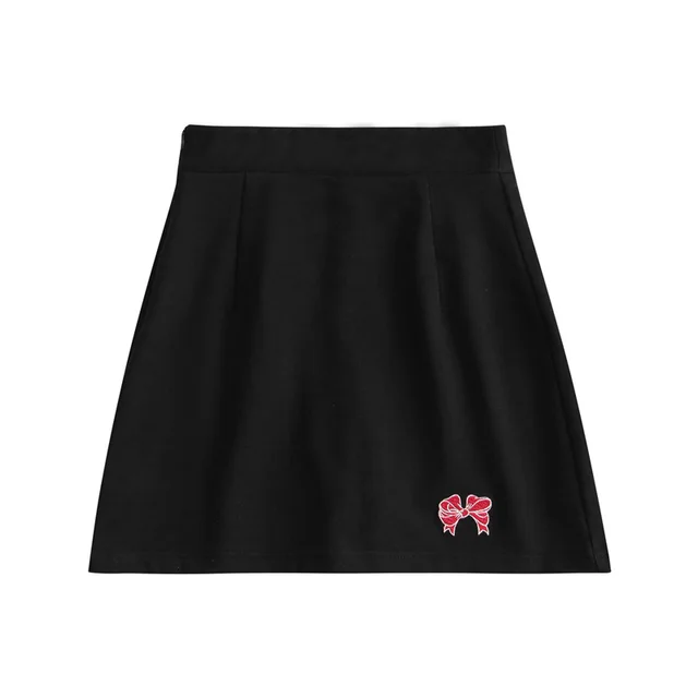 Summer Bow Embroidered Neck T Shirt Half Body Short Black Skirt - Shop at LoveMi