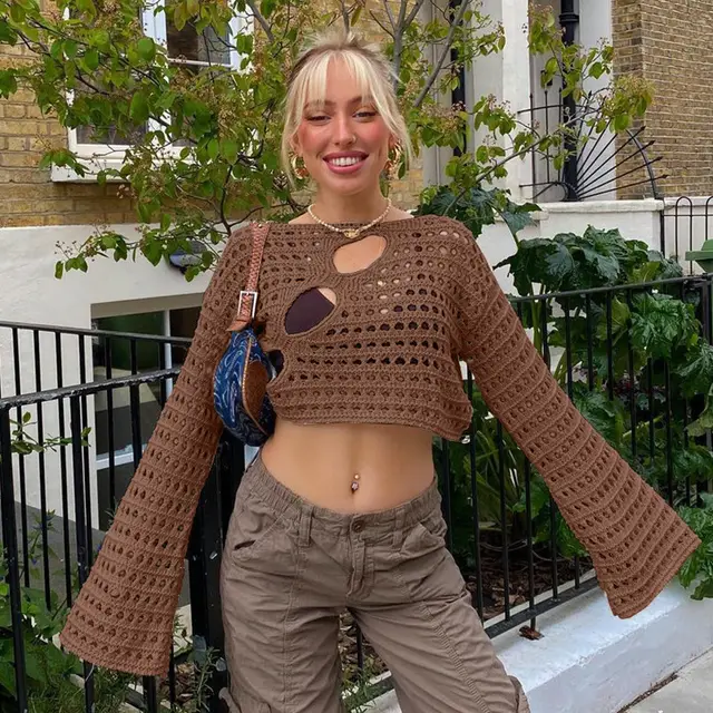Summer New European And American Style Fashion Sexy Irregular Ripped Hollow out Knitted Blouse Brown - Shop at LoveMi
