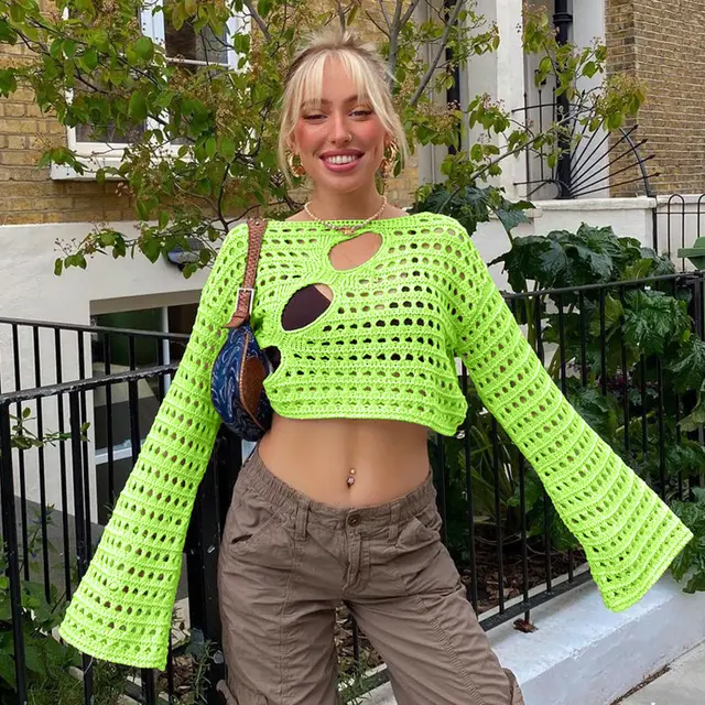 Summer New European And American Style Fashion Sexy Irregular Ripped Hollow out Knitted Blouse Fluorescent Yellow - Shop at LoveMi