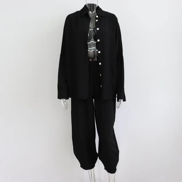 New Europe And America Cross Border Casual Suit Solid Color Polo Collar Long Sleeve Shirt Top Harem Pants Two piece Set Black - Shop at LoveMi