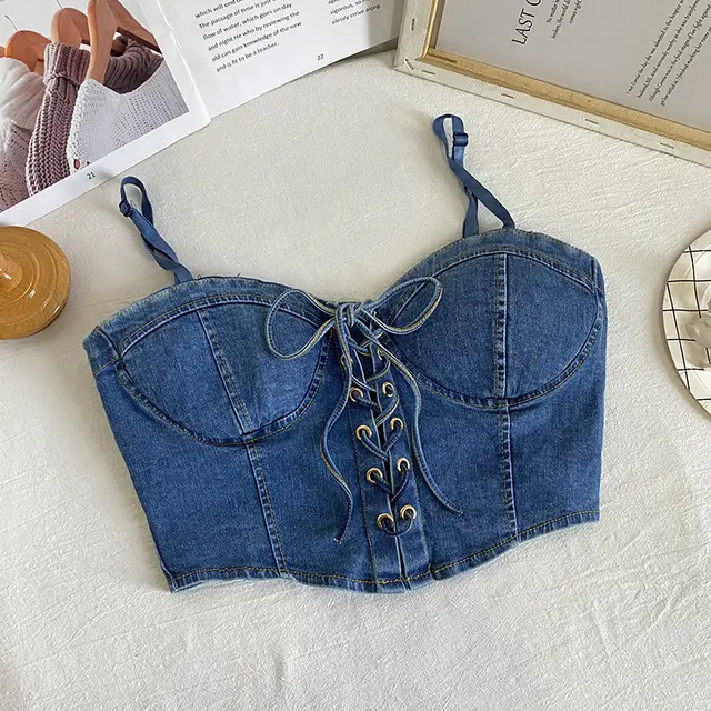 Bow Tie Drawstring Cropped Denim Camisole Blue - Shop at LoveMi