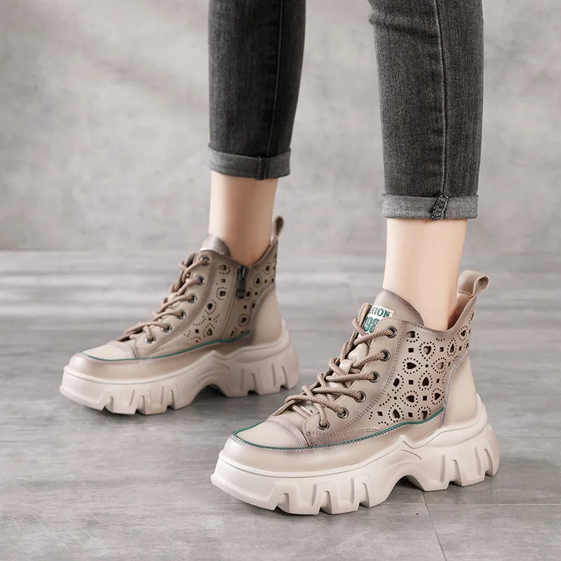 Hollow Single Toe Layer Leather Lace up Ankle Boots Beige - Shop at LoveMi