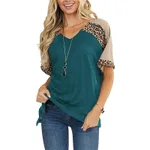 New Leopard Splicing Loose Casual Short Sleeve T-shirt Top Women - Blue