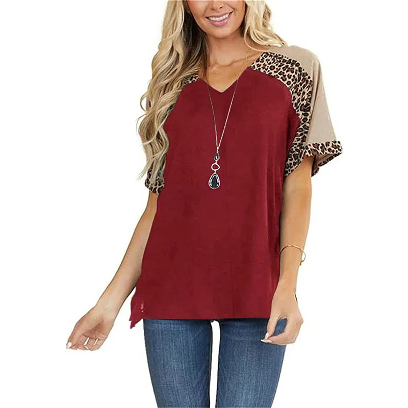 New Leopard Splicing Loose Casual Short Sleeve T shirt Top Women Wine Red - Shop at LoveMi