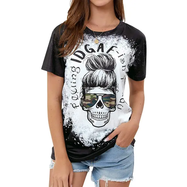 Skull Print Crew Neck Short Sleeve Blouse Black - Shop at LoveMi