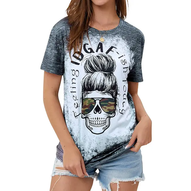 Skull Print Crew Neck Short Sleeve Blouse Grey - Shop at LoveMi