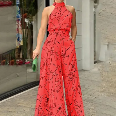 Women's Elegant Waist Tie Sleeveless Halter Jumpsuit Red - Shop at LoveMi