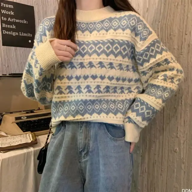 Women's Literary And Artistic Port Style Sweater Loose Sweet Pullover Blue - Shop at LoveMi