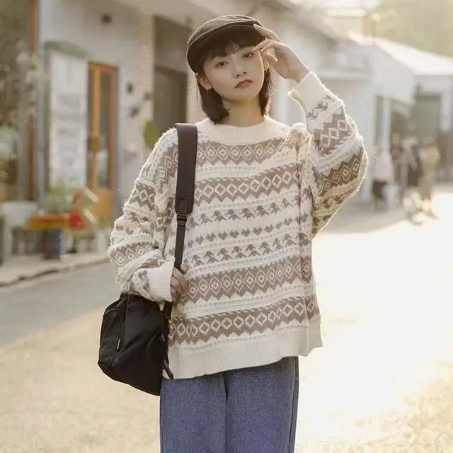 Women's Literary And Artistic Port Style Sweater Loose Sweet Pullover Camel - Shop at LoveMi