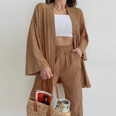 Early Autumn New Camel Casual Suit European And American Women's Long Sleeve Cardigan Top Straight leg Pants Home Wear Two piece Suit Camel - Shop at LoveMi