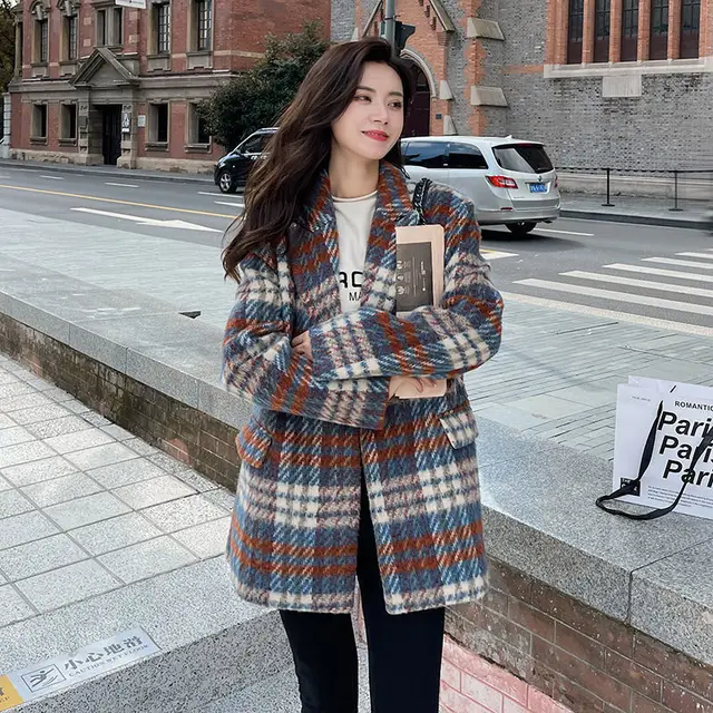 Women's New High end Woolen Coat Thickened Plaid Red Grid Regular Lining - Shop at LoveMi