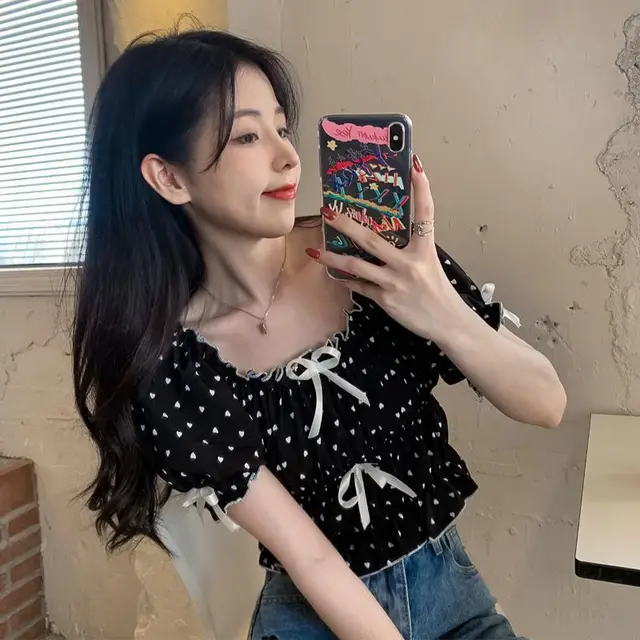 Women's New French Puff Sleeve Love Polka Dot Shirt Black - Shop at LoveMi