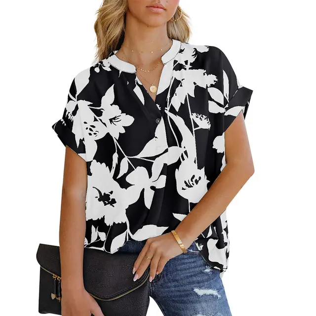 Women's Loose Printed Short Sleeve V Neck Buttoned Chiffon Shirt White Flower On Black - Shop at LoveMi