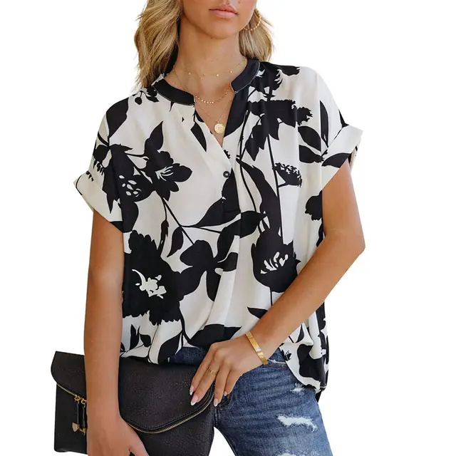 Women's Loose Printed Short Sleeve V Neck Buttoned Chiffon Shirt White - Shop at LoveMi