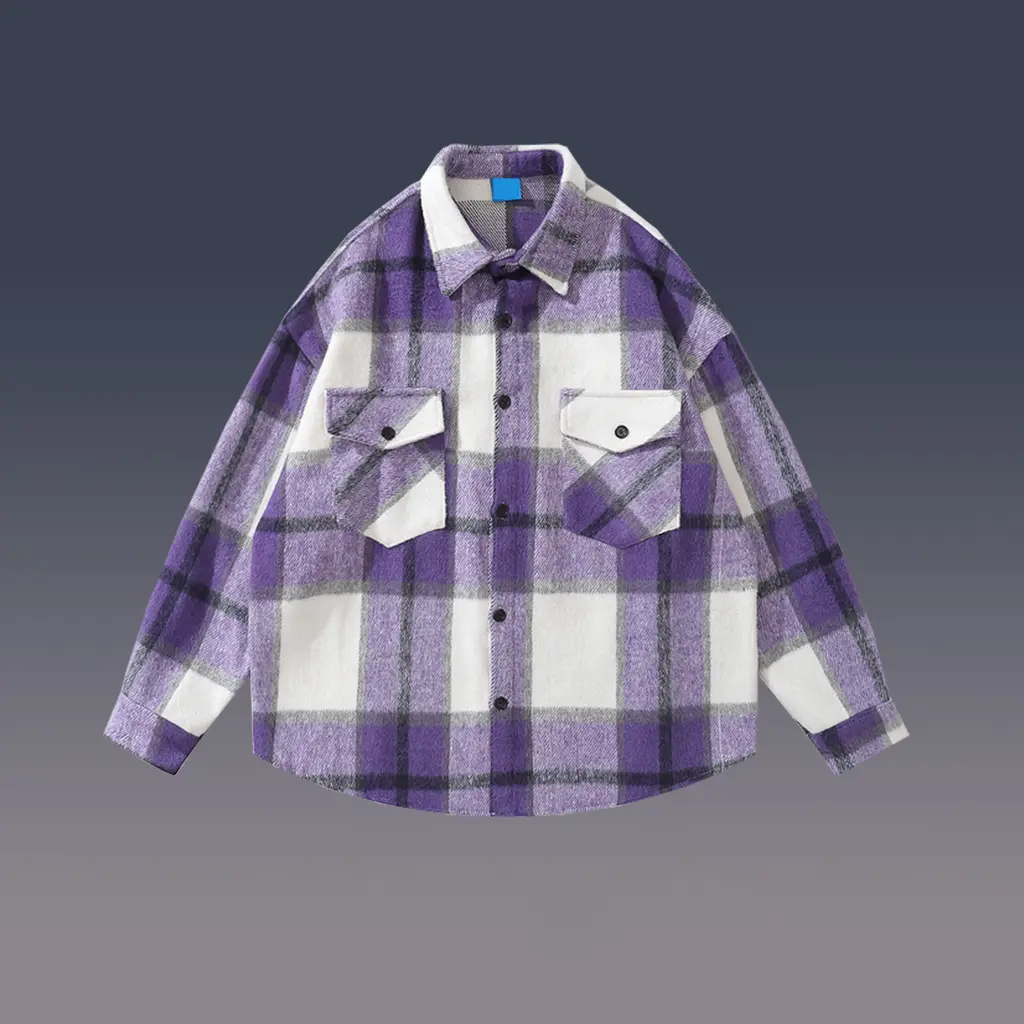 Women's Hem Shirt Woolen Plaid Print - Purple