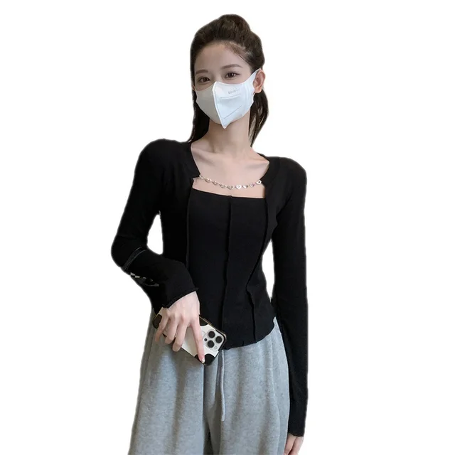 Long Sleeve Plus Size T shirt Women Chain Slim Top Black - Shop at LoveMi