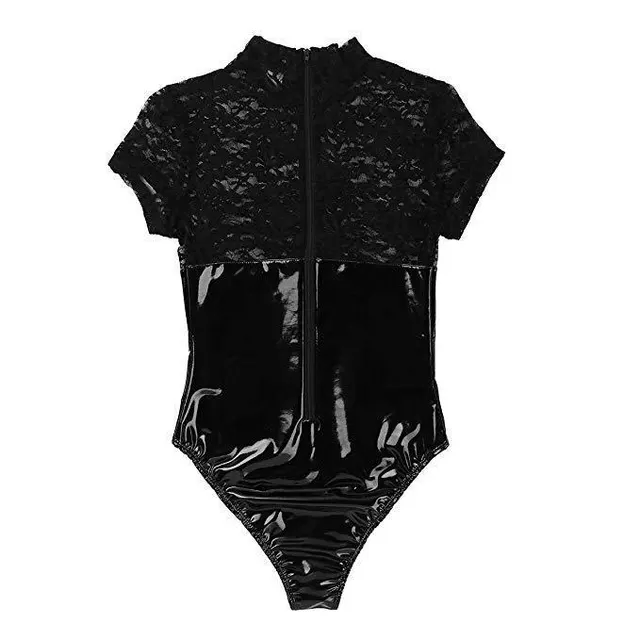 Lingerie Black Patent Leather Lace Bodysuit Black - Shop at LoveMi